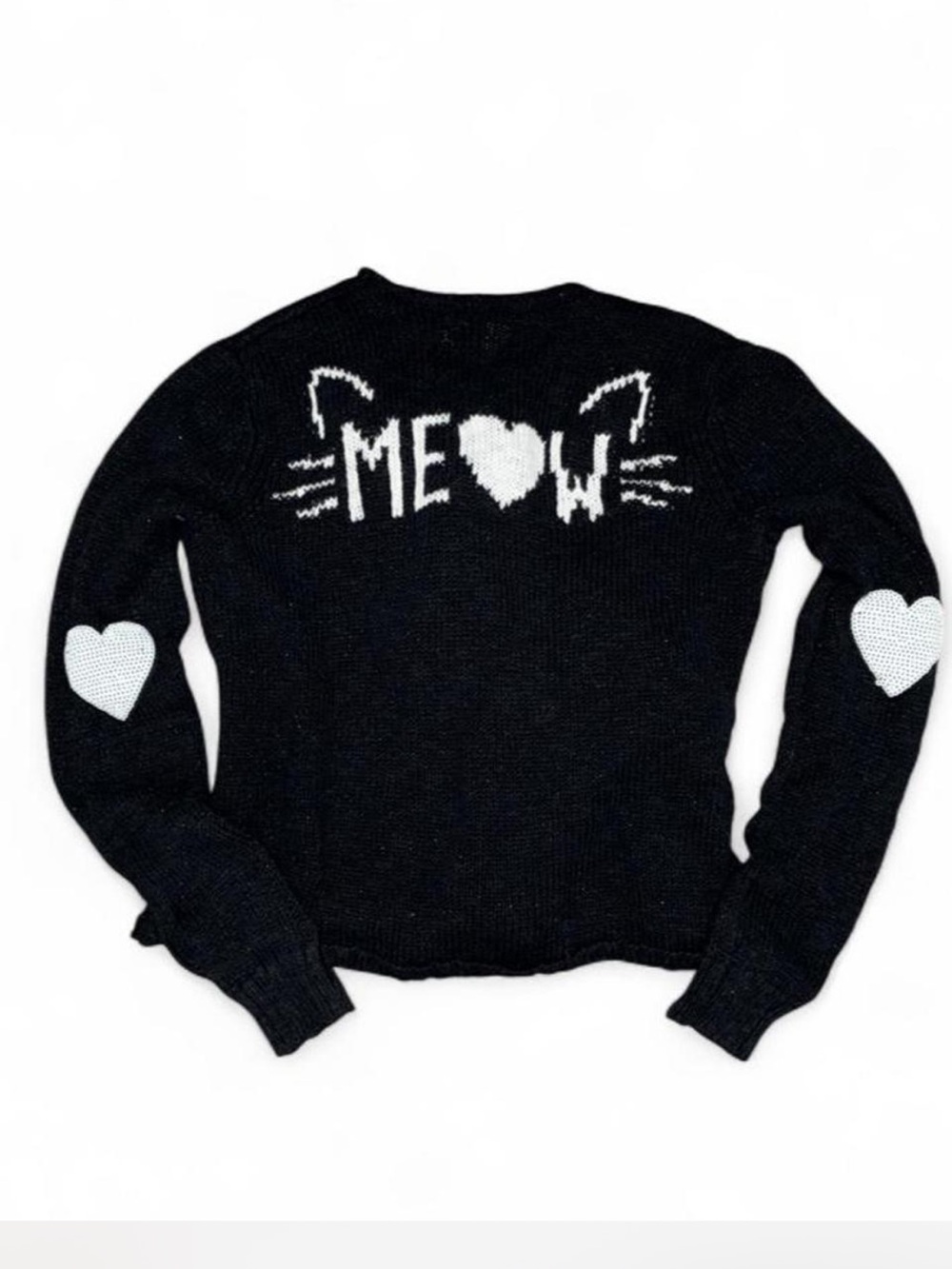 Justice Black Sweater with White "MEOW" Graphic and Heart Elbow Patches